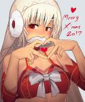  1girl 2017 altera_(fate) altera_the_santa bare_shoulders blue_background blush bra choker detached_sleeves earmuffs fake_mustache fate/grand_order fate_(series) hands_up heart heart_hands highres i-pan looking_at_viewer merry_christmas red_bra red_eyes short_hair silver_hair simple_background solo underwear upper_body veil 