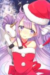  1girl azur_lane bangs bare_shoulders blush breasts christmas closed_mouth collarbone commentary_request criss-cross_halter dress eyebrows_visible_through_hair fur-trimmed_dress fur-trimmed_hat hair_bun hair_ribbon halterneck hat hayosena head_tilt long_hair looking_at_viewer one_side_up purple_hair red_dress red_hat ribbon santa_costume santa_hat side_bun small_breasts smile solo sparkle stuffed_animal stuffed_pegasus stuffed_toy stuffed_unicorn unicorn_(azur_lane) upper_body very_long_hair violet_eyes white_ribbon 