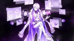  1boy add_(elsword) artist_request cropped_legs double-breasted elsword gloves grin highres jacket_on_shoulders legs_crossed looking_at_viewer male_focus official_art pants purple_background shoes smile solo violet_eyes white_coat white_footwear white_gloves white_hair white_pants 
