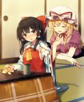  2girls ascot black_hair blonde_hair blurry blush bow breasts brown_eyes choker closed_eyes commentary_request cup depth_of_field detached_sleeves dress elbow_gloves fan feeding folding_fan food frills fruit gap gloves hair_bow hair_tubes hakurei_reimu hat hat_ribbon holding holding_fan indoors kotatsu long_hair long_sleeves looking_at_viewer mandarin_orange medium_breasts mob_cap multiple_girls neck_ribbon open_mouth orange orange_(fruit) orange_slice puffy_short_sleeves puffy_sleeves purple_dress red_bow red_neckwear red_ribbon ribbon ribbon-trimmed_sleeves ribbon_choker ribbon_trim sarashi shinoba short_sleeves sidelocks sitting sliding_doors smile table tatami touhou white_gloves white_hat wide_sleeves yakumo_yukari yellow_neckwear yunomi 