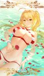  1girl ahoge bead_bracelet beads bikini blonde_hair bracelet breasts cangkong closed_mouth earrings fate/grand_order fate_(series) flower green_eyes highres jewelry large_breasts light_smile long_hair looking_at_viewer navel nero_claudius_(fate) nero_claudius_(fate)_(all) nero_claudius_(swimsuit_caster)_(fate) partially_submerged petals red_rose rose side-tie_bikini smile solo striped striped_bikini swimsuit twintails watermark web_address wet wet_hair 