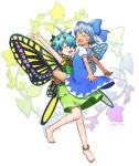  2girls anklet antennae arm_up bangs bare_legs barefoot blue_bow blue_dress blue_eyes blue_hair bow butterfly_wings cirno closed_eyes commentary_request dress eternity_larva green_dress hair_bow hair_ornament jewelry leaf_hair_ornament multiple_girls no_wings puffy_short_sleeves puffy_sleeves short_dress short_hair short_sleeves smile tanned_cirno tansan_daisuki touhou white_background wings 