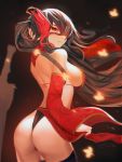  1girl ass bare_shoulders black_background black_hair black_legwear bra breasts closed_mouth detached_sleeves hair_over_one_eye hand_up highres long_hair looking_at_viewer looking_back medium_breasts nail_polish original red_bra red_eyes red_nails sideboob smile solo thigh-highs thong tianlluo underwear wide_sleeves wind 