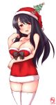 1girl black_hair breasts christmas_tree cleavage cowboy_shot dated dress fusou_(kantai_collection) hair_ornament hat highres kanon_(kurogane_knights) kantai_collection large_breasts logo long_hair looking_at_viewer panties pantyshot red_dress red_eyes santa_hat simple_background solo strapless strapless_dress thigh-highs underwear white_background white_legwear white_panties 
