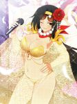  1girl absurdres bikini black_hair breasts brown_eyes cleavage feathers flower glass hair_flower hair_ornament hairband hand_on_hip highres holding jasmine_(senran_kagura) jewelry large_breasts long_hair microphone navel necklace official_art one_eye_closed open_mouth pearl_necklace scan see-through senran_kagura_(series) shiny shiny_clothes smile sparkle strapless strapless_bikini sunglasses swimsuit yaegashi_nan yellow_bikini 