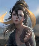  1girl black_eyes black_hair chuby_mi cigarette day facebook_username hair_between_eyes hanzo_(overwatch) highres holding holding_cigarette lips long_hair nose overwatch parted_lips ponytail smoke smoking solo sunlight watermark web_address 