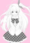  1girl chaos;head hair_ribbon hand_in_hair ikuhashi_muiko pink_background ribbon sakihata_rimi school_uniform solo 