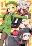  3girls :d backpack bag bandage bandaged_arm bangs beret black_bow black_dress black_gloves black_hat black_legwear black_panties black_shirt blonde_hair blush bow braid brown_gloves closed_mouth collared_jacket commentary_request crime_prevention_buzzer dress elbow_gloves etori eyebrows_visible_through_hair fate/grand_order fate_(series) gloves gothic_lolita green_eyes green_hat green_jacket grey_hair hair_between_eyes hat hat_bow jack_the_ripper_(fate/apocrypha) jacket lolita_fashion long_hair long_sleeves looking_at_viewer low_twintails multiple_girls navel nursery_rhyme_(fate/extra) open_mouth orange_eyes outstretched_arms panties pantyhose paul_bunyan_(fate/grand_order) puffy_short_sleeves puffy_sleeves randoseru scar scar_across_eye scar_on_cheek shirt short_sleeves sleeveless sleeveless_shirt smile spread_arms thigh-highs twin_braids twintails underwear v-shaped_eyebrows very_long_hair violet_eyes white_hair 