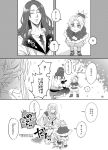  1girl 2boys armor bedivere braid capelet closed_eyes comic earmuffs fate/grand_order fate_(series) french_braid fur_trim greyscale hair_bobbles hair_ornament knights_of_the_round_table_(fate) long_hair monochrome mordred_(fate) mordred_(fate)_(all) multiple_boys ponytail stomping tagu tristan_(fate/grand_order) younger 