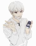  1boy :d bags_under_eyes blue_eyes cigarette_box commentary_request face_mask grey_background hands_up hirota_tsuu holding long_sleeves looking_at_viewer male_focus mask ok_sign open_mouth original silver_hair simple_background sketch smile solo surgical_mask upper_body 