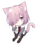  1girl :3 animal_ears black_dress black_legwear blush_stickers brown_footwear cat_ears cat_girl cat_tail chibi closed_mouth collared_shirt commentary_request dress fate/grand_order fate_(series) full_body grey_hoodie hair_over_one_eye head_tilt hood hoodie kemonomimi_mode long_sleeves looking_at_viewer mash_kyrielight miko_92 necktie open_clothes open_hoodie pantyhose paw_pose pink_hair red_neckwear shirt shoes simple_background solo standing tail violet_eyes white_background white_shirt 