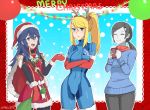  3girls adult black_hair blue_hair christmas fire_emblem fire_emblem:_kakusei gift gloves hat highres intelligent_systems long_hair lucina metroid mole nintendo nintendo_ead ponytail retro_studios samus_aran santa_costume santa_hat sarukaiwolf sora_(company) super_smash_bros. super_smash_bros_for_wii_u_and_3ds teenage tiara white_skin wii_fit wii_fit_trainer zero_suit 