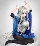  1girl arms_up black_legwear full_body highres long_hair long_sleeves looking_at_viewer pantyhose parted_lips red_eyes sengoku_bushouki_muramasa shuuha_arutsu silver_hair sitting solo very_long_hair wide_sleeves yokozuwari 