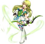  1girl :d absurdres armlet arrow black_gloves boots bow_(weapon) breasts cleavage elsword full_body gloves green_eyes green_hair head_tilt highres holding_bow long_hair looking_at_viewer multicolored_shirt official_art open_mouth pointy_ears ranger_(elsword) rena_(elsword) ress skirt smile solo standing thigh-highs thigh_boots weapon white_footwear white_skirt zettai_ryouiki 