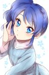  1girl :o bangs blue_eyes blue_hair blue_sweater braid commentary_request copyright_request hand_up long_sleeves looking_at_viewer one_side_up parted_lips ribbed_sweater sekina short_hair solo sweater upper_body 