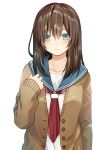  1girl arm_at_side bangs blue_eyes blush brown_hair cardigan collarbone eyebrows_visible_through_hair hair_between_eyes hand_on_own_chest kurata_rine lips long_hair long_sleeves looking_at_viewer neckerchief open_cardigan open_clothes original red_neckwear school_uniform serafuku shiny shiny_hair shirt simple_background sleeves_past_wrists solo unbuttoned upper_body white_background white_shirt 