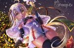  1girl ahoge bell between_legs bikini_top black_gloves black_legwear black_ribbon blonde_hair capelet christmas_tree commentary dress elbow_gloves fate/grand_order fate_(series) flat_chest freeze-ex from_below gloves hair_ribbon headpiece jeanne_d&#039;arc_(fate)_(all) jeanne_d&#039;arc_alter_santa_lily long_hair night outdoors ribbon short_dress snow snowing solo staff thigh-highs very_long_hair yellow_eyes 