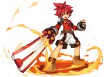  1boy :o absurdres artist_request belt black_gloves elsword elsword_(character) fingerless_gloves fire full_body gloves highres holding holding_sword holding_weapon knight_(elsword) looking_at_viewer male_focus official_art open_mouth red_eyes red_shirt redhead serious shirt shoes shorts single_pauldron solo spiky_hair standing sword weapon white_shorts 