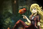  1girl :d arm_support blonde_hair blue_eyes blush boned_meat boots colored_eyelashes curly_hair food forest genya_(genya67) gloves highres long_hair lyza made_in_abyss meat nature open_mouth sleeves_rolled_up smile solo tree 