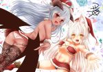 2girls :d ahoge animal_ears ass bare_shoulders blush boots breasts christmas commentary_request dark_skin demon_horns dress fox_ears fox_tail from_behind fur_trim hat horns knee_boots kohaku_(yua) large_breasts long_hair looking_at_viewer multiple_girls open-back_dress open_mouth orange_eyes original outstretched_arm panties pointy_ears pom_pom_(clothes) red_eyes riel_(yua) santa_boots santa_hat side-tie_panties signature silver_hair skirt slit_pupils smile tail underwear very_long_hair white_hair white_panties wings yua_(checkmate) 