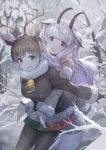  2girls :d animal_ears antlers bare_tree black_legwear blush bow breasts brown_eyes brown_hair coat extra_ears fur-trimmed_sleeves fur_collar fur_trim gloves green_eyes hair_bow heterochromia highres horns hug hug_from_behind kemono_friends koruse large_breasts long_hair multicolored_hair multiple_girls open_mouth pantyhose pine_tree pleated_skirt red_eyes reindeer_(kemono_friends) reindeer_ears reindeer_tail sheep_ears sheep_horns skirt smile snow snow_sheep_(kemono_friends) tail tree two-tone_hair white_hair white_legwear winter_clothes winter_coat 