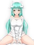  1girl absurdres aqua_hair bangs bare_legs between_legs blush breasts collarbone eyebrows_visible_through_hair fate/grand_order fate_(series) hand_between_legs highres horns kiyohime_(fate/grand_order) large_breasts long_hair looking_at_viewer moyoron no_pants open_mouth panties pantyshot pantyshot_(sitting) simple_background sitting smile solo spread_legs sweater underwear white_background white_panties white_sweater yellow_eyes 