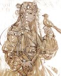  1girl bird bird_on_hand capelet chains commentary_request dark_skin hand_up headdress holding holding_sword holding_weapon light_smile lips long_hair long_sleeves monochrome oollnoxlloo original puffy_long_sleeves puffy_sleeves scabbard sepia sheath sketch solo spot_color sword tassel upper_body weapon yellow_eyes 