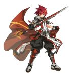  1boy armor black_gloves black_pants boots cape cape_removed closed_mouth elsword elsword_(character) full_body gloves hair_between_eyes highres holding holding_sword holding_weapon knee_boots looking_at_viewer lord_knight_(elsword) male_focus metal_boots official_art pants pauldrons red_cape red_eyes redhead ress serious solo spiky_hair standing surcoat sword weapon 