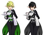  2girls ;d alternate_costume alternate_hair_color alternate_hair_length alternate_hairstyle april_fools black_hair black_pants butler cowboy_shot cup dual_persona elsword formal gloves green_eyes green_hair looking_at_viewer multiple_girls official_art one_eye_closed open_mouth pants pointy_ears rena_(elsword) ress reverse_trap short_hair smile striped suit teacup thigh_gap towel tray vertical_stripes white_gloves 