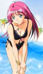  1girl 90s bikini black_swimsuit blue_eyes bracelet earrings eyebrows_visible_through_hair hands_on_own_knees highres jewelry kokura_masashi leaning_forward long_hair looking_at_viewer nail_polish necklace official_art outdoors palm_tree pink_hair shirayuki_maho smile solo swimsuit tokimeki_memorial tokimeki_memorial_2 tree 