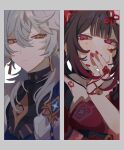  1boy 1girl :d black_shirt border brown_hair closed_mouth dress earrings fox_mask frown gradient_hair hand_to_own_mouth highres honkai:_star_rail honkai_(series) inagoinaire jewelry long_hair looking_at_viewer mask mask_on_head medium_hair multicolored_hair nail_polish open_mouth orange_eyes pink_eyes red_dress red_nails redhead shirt sidelocks sleeveless sleeveless_dress smile sparkle_(honkai:_star_rail) sunday_(honkai:_star_rail) tassel tassel_earrings twintails white_border white_hair 