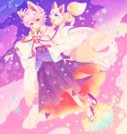  androgynous animal_ears bell bridal_gauntlets cape clouds fox fox_ears fox_tail hakama japanese_clothes katsugeki/touken_ranbu kemonomimi_mode komusun konnosuke sandals saniwa_(katsugeki/touken_ranbu) saniwa_(touken_ranbu) smile star tabi tail touken_ranbu white_hair yellow_eyes 