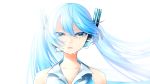  1girl bare_shoulders blue_eyes blue_hair crying face hair_between_eyes hatsune_miku headset highres long_hair looking_at_viewer masumofu parted_lips solo tears twintails vocaloid wind 