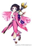  1girl absurdres black_bow black_hair bow closed_mouth emia_(castilla) flower flower_knight_girl frills full_body hair_ornament highres holding holding_staff japanese_clothes kanhizakura_(flower_knight_girl) kimono looking_at_viewer object_namesake official_art pink_kimono purple_bow sandals short_hair simple_background smile socks solo staff standing violet_eyes white_background yukata 