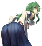  1girl aqua_eyes ass bent_over blue_skirt breasts detached_sleeves green_hair hair_tubes kochiya_sanae leaning_forward long_hair long_skirt looking_at_viewer medium_breasts profile simple_background skirt smile solo touhou utopia vest white_background 