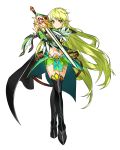  1girl black_footwear boots buckle closed_mouth elsword expressionless fighting_stance full_body green_eyes green_hair green_skirt highres holding holding_sword holding_weapon legs_crossed long_hair looking_at_viewer miniskirt navel night_watcher_(elsword) no_nose official_art pointy_ears rena_(elsword) ress skirt solo standing sword thigh-highs thigh_boots weapon zettai_ryouiki 