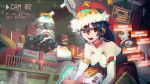  1girl action bare_shoulders christmas donghyun_shin elbow_gloves fur-trimmed_hat gloves hair_between_eyes hat highres looking_at_viewer mecha original package red_hat robot santa_costume santa_hat science_fiction solo vhs_artifacts white_gloves 