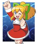  1girl ;d adapted_costume arm_up bangs blonde_hair blue_background blue_eyes blush christmas clenched_hands commentary_request dress eyebrows_visible_through_hair flat_chest green_ribbon hair_ribbon long_hair long_sleeves looking_at_viewer one_eye_closed open_mouth ponytail red_dress ribbon rockman rockman_8 roll santa_costume sidelocks smile solo standing teeth turtleneck turtleneck_dress yume_yoroi 
