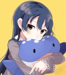  1girl bangs blue_hair hair_between_eyes long_hair looking_at_viewer love_live! love_live!_school_idol_project simple_background solo sonoda_umi stuffed_animal stuffed_toy totoki86 whale_shark yellow_eyes 