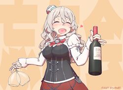  1girl anchor blush bottle bow bowtie closed_eyes commentary corset cup dated drinking_glass drunk grey_hair hat heart heart_in_mouth holding holding_bottle holding_drinking_glass kantai_collection mini_hat miniskirt mumyoudou pola_(kantai_collection) red_skirt shirt skirt solo twitter_username upper_body wavy_hair white_shirt wine_bottle wine_glass 