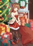  1girl :d ankle_boots artist_name bangs bare_shoulders beige_jacket black_legwear blush boots bow box breasts brown_hair christmas christmas_ornaments christmas_stocking christmas_tree christmas_wreath cleavage collarbone commentary dog double_bun dress eyebrows_visible_through_hair fireplace fur-trimmed_dress gift gift_box girls_frontline green_eyes hair_bow head_tilt heart high_heels highres holding holding_sack indoors jacket large_breasts long_hair long_sleeves looking_at_viewer off_shoulder open_mouth pantyhose pigeon-toed red_bow red_dress red_footwear rfb_(girls_frontline) sack seero side_bun smile solo standing star strapless strapless_dress striped very_long_hair wooden_floor 