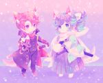  2boys alternate_hair_color animalization blue_eyes blue_hair bow brown_hair dog earrings furry hair_bow hakama haori japanese_clothes jewelry kashuu_kiyomitsu katana komusun male_focus mole mole_under_eye mole_under_mouth multiple_boys ponytail red_eyes scarf sheath sheathed shinsengumi smile star sword touken_ranbu weapon yamato-no-kami_yasusada 