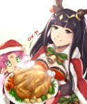  2girls artist_request black_hair bodysuit breasts cape christmas circlet dress fa facial_mark fire_emblem fire_emblem:_fuuin_no_tsurugi fire_emblem:_kakusei fire_emblem_heroes forehead_mark highres horns long_hair looking_at_viewer mamkute multiple_girls open_mouth pink_hair pointy_ears purple_hair short_hair simple_background smile tharja tiara two_side_up white_background 
