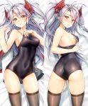  1girl antenna_hair armpits ass azur_lane bare_arms bare_shoulders bed_sheet black_legwear black_swimsuit blush breasts bright_pupils closed_mouth collarbone commentary_request competition_school_swimsuit covered_navel dakimakura dress_removed eyebrows_visible_through_hair from_above frown gluteal_fold hand_on_own_thigh hand_up headgear highres kotatsu_(kotatsu358) lying medium_breasts multicolored multicolored_eyes multiple_views nose_blush on_back on_side one-piece_swimsuit orange_eyes parted_lips prinz_eugen_(azur_lane) red_eyes sheet_grab shiny shiny_clothes shiny_skin sideboob skindentation sweat swimsuit thigh-highs thighs two_side_up 