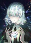  androgynous bangs black_neckwear black_shirt blue_eyes blue_hair clara_v closed_mouth collared_shirt commentary_request diamond diamond_(houseki_no_kuni) eyebrows_visible_through_hair gem glint hair_between_eyes hands_up holding houseki_no_kuni multicolored multicolored_eyes multicolored_hair necktie puffy_short_sleeves puffy_sleeves shirt short_hair short_sleeves smile solo upper_body white_shirt wing_collar 