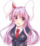  1girl animal_ears bangs blazer breasts eyebrows_visible_through_hair jacket jpeg_artifacts kue large_breasts long_hair looking_at_viewer necktie pink_eyes pink_hair rabbit_ears red_neckwear reisen_udongein_inaba simple_background solo touhou upper_body wavy_mouth white_background 