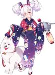 1girl animal animal_ears azur_lane bangs bell bird bow chick collar dog double_bun eyebrows eyebrows_visible_through_hair fake_animal_ears full_body hair_between_eyes hairband holding_leash japanese_clothes jingle_bell kaede_(003591163) kimono laffey_(azur_lane) leash long_sleeves machinery official_art pom_pom_(clothes) purple_hair purple_kimono rabbit_ears red_bow red_eyes red_hairband samoyed_(dog) short_hair simple_background sleeves_past_wrists solo tabi tachi-e transparent_background turret wide_sleeves 