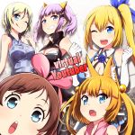  5girls a.i._channel bangs blonde_hair blue_eyes blush bow breasts brown_hair character_request commentary_request dennou_shoujo_youtuber_shiro eyebrows_visible_through_hair hair_bow hairband highres kaguya_luna kaguya_luna_(character) kizuna_ai kotori_photobomb long_hair looking_at_viewer multicolored_hair multiple_girls one_eye_closed open_mouth parody pink_bow pink_hair shiro_(dennou_shoujo_youtuber_shiro) siroyoutuber smile tom_(drpow) twintails 