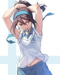  &gt;:) 1girl adjusting_hair alternate_hairstyle armpits arms_up blue_hairband blue_shorts brown_eyes brown_hair closed_mouth emblem finnish_flag flag_background girls_und_panzer gym_uniform hair_between_eyes hair_tie hairband keizoku_(emblem) long_hair looking_at_viewer mika_(girls_und_panzer) mouth_hold navel pairan ponytail shirt short_sleeves shorts sidelocks sleeves_rolled_up smile solo tsurime two-tone_background tying_hair upper_body v-shaped_eyebrows white_shirt wing_collar 