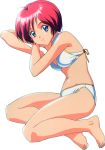  1girl barefoot bikini blue_eyes full_body hinomoto_hikari kokura_masashi legs_folded looking_at_viewer mole mole_under_eye navel official_art redhead short_hair simple_background smile solo swimsuit tokimeki_memorial white_background white_bikini 